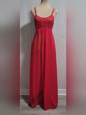 Vintage 80s UndercoverWear Red Lace Trim Empire Waist Nightgown Small